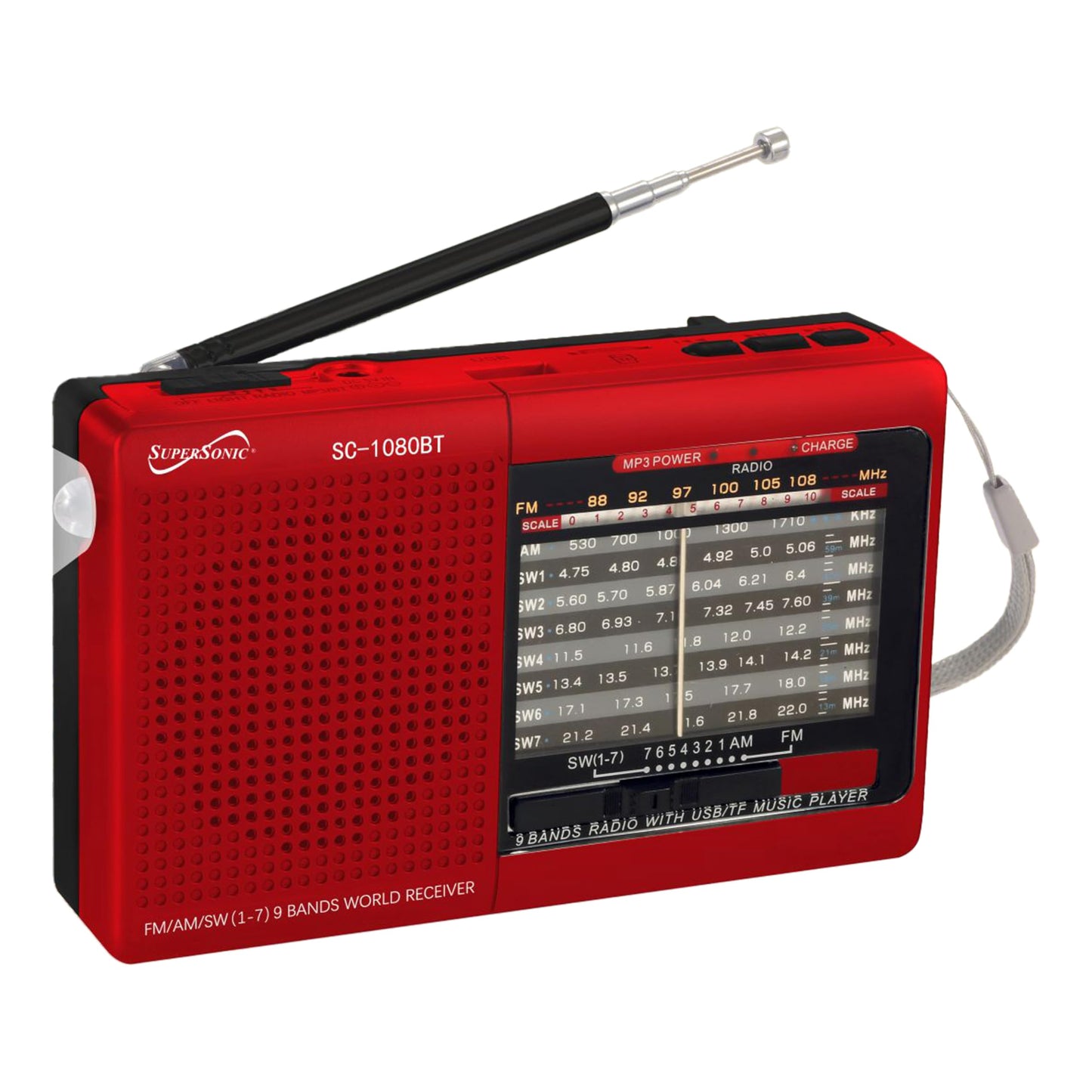 Supersonic SC-1080BT 9-Band Radio with Bluetooth, Portable Small Multi Band Radio Stereo, USB and Micro SD Input, Torch Light, and Rechargeable