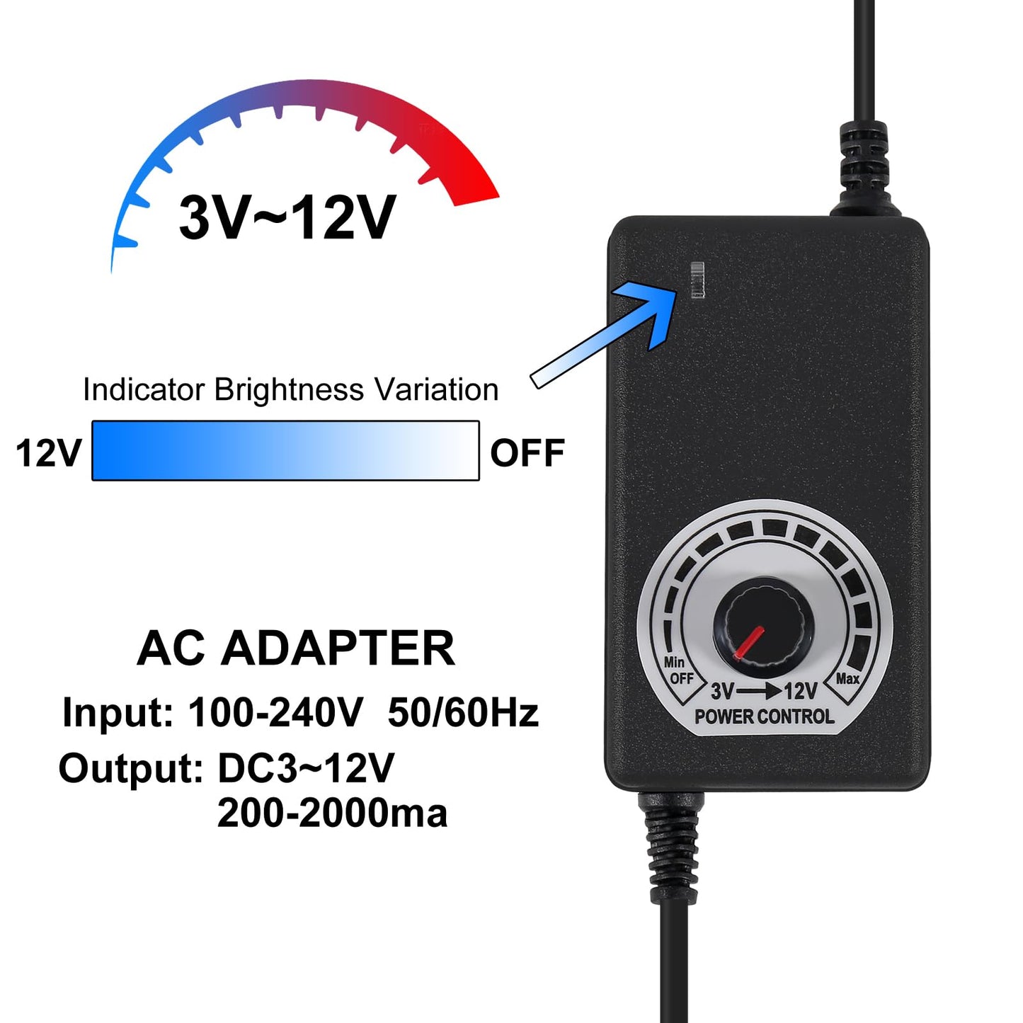 UMLUFE 12V Fan Power Supply,PC Fan Speed Controller,100-240vAC to 3-12vDC 24W Adjustable Fan Power Adapter,with Fan Splitter Cable,DC Female to 2 x
