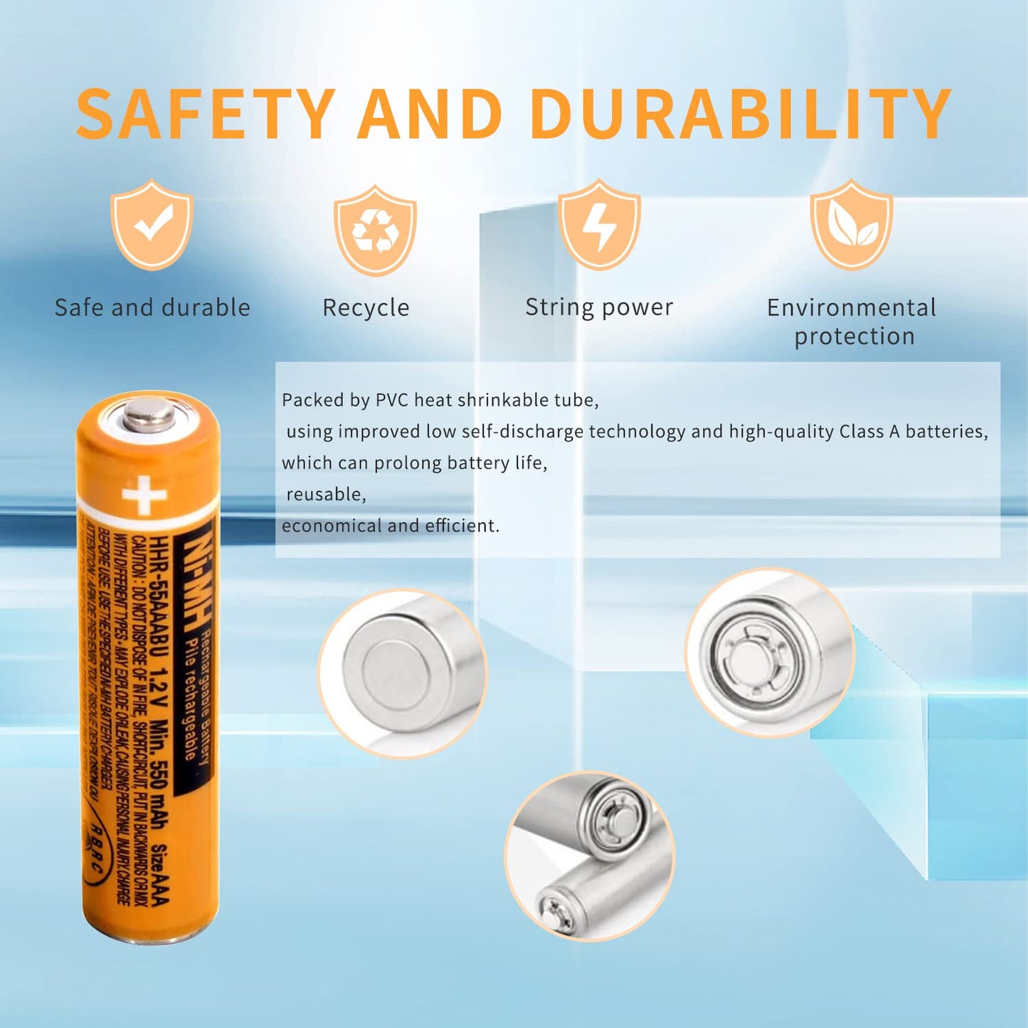 4PCS NI-MH AAA Rechargeable Battery, 1.2V 550mAh Battery for Panasonic Cordless Phone, HHR-55AAABU Replacement Battery