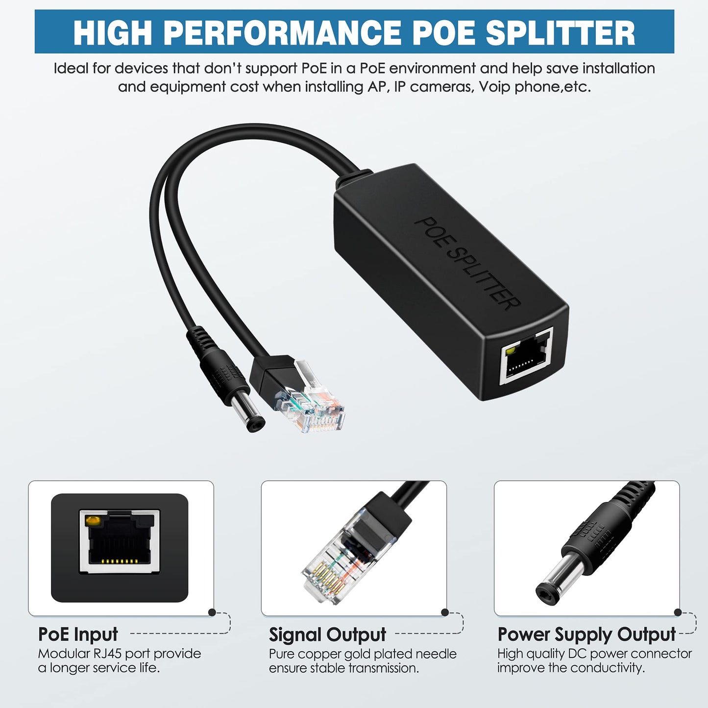 PwrON Active POE Splitter Adapter, 48V to 12V, IEEE 802.3af Compliant, 10/100Mbps up to 100 Meters for Surveillance Camera, Wireless Access Point
