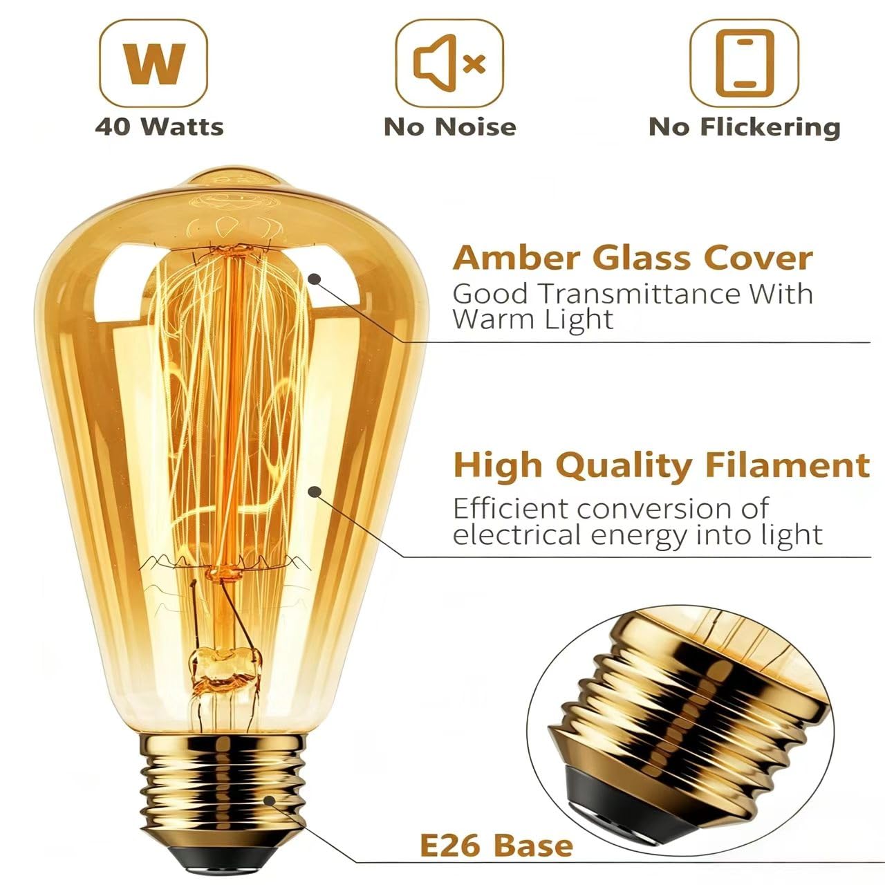MERALUN E26 6 Pack 40W Edison Bulbs, ST64 Vintage Incandescent Light Bulbs,2200K Warm White(dimmable) Amber Glass Bulbs for Table Lamp Home Antique