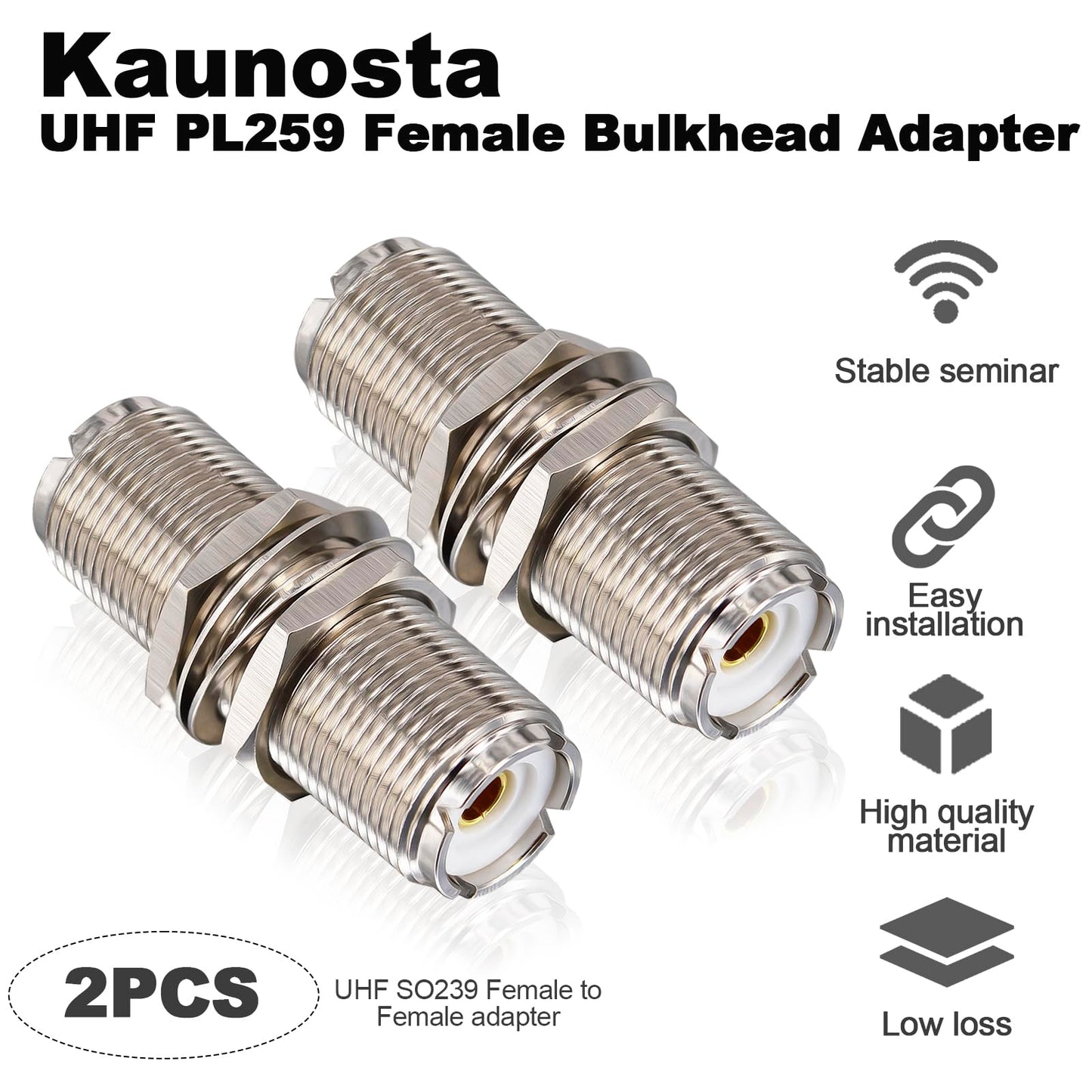 Kaunosta 2-Pack 1.77" Long Body UHF SO239 Female to Female Bulkhead Connector, Extended Thread Coax Adapter for Thick Panels (>15mm), Marine Boats