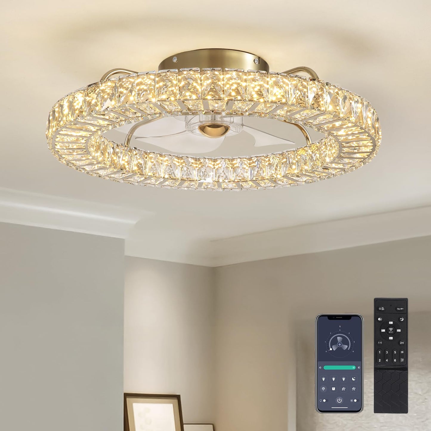MOOONICHE 22" Low Profile Flush Mount Ceiling Fan, Ceiling Fan with Light and Remote, Dimmable Fandelier with Crystal Lampshade, Bladeless Enclosed