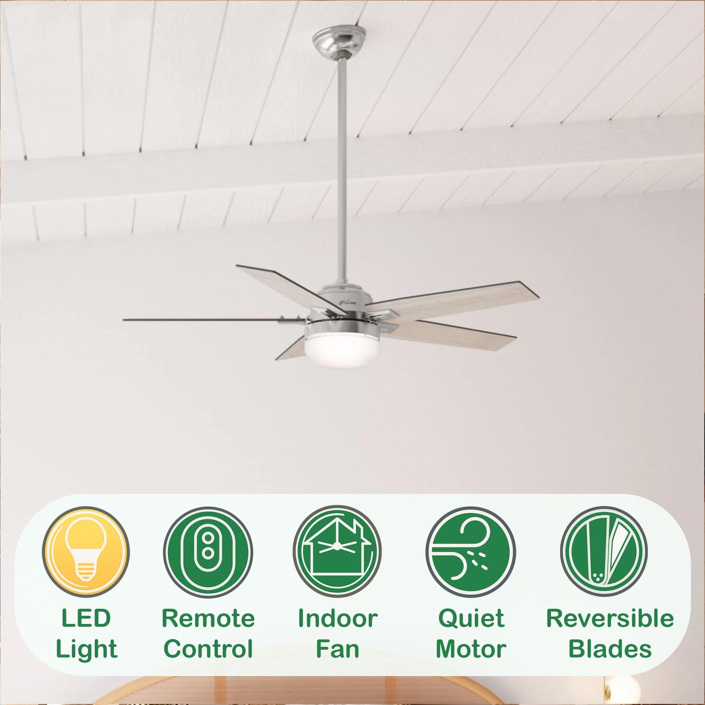 Hunter Fan 52 inch Contemporary Brushed Nickel Indoor Ceiling Fan with Light and Remote Control for Bedroom, Living Room/Family Room, Dining Room