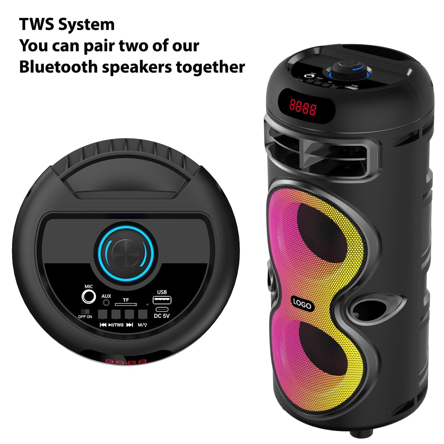 Boytone, Portable Bluetooth Party Speaker, with USB Port, RGB DJ Lights, Wireless Stereo, TWS Pairing, for Home Parties and Outdoor Entertainment
