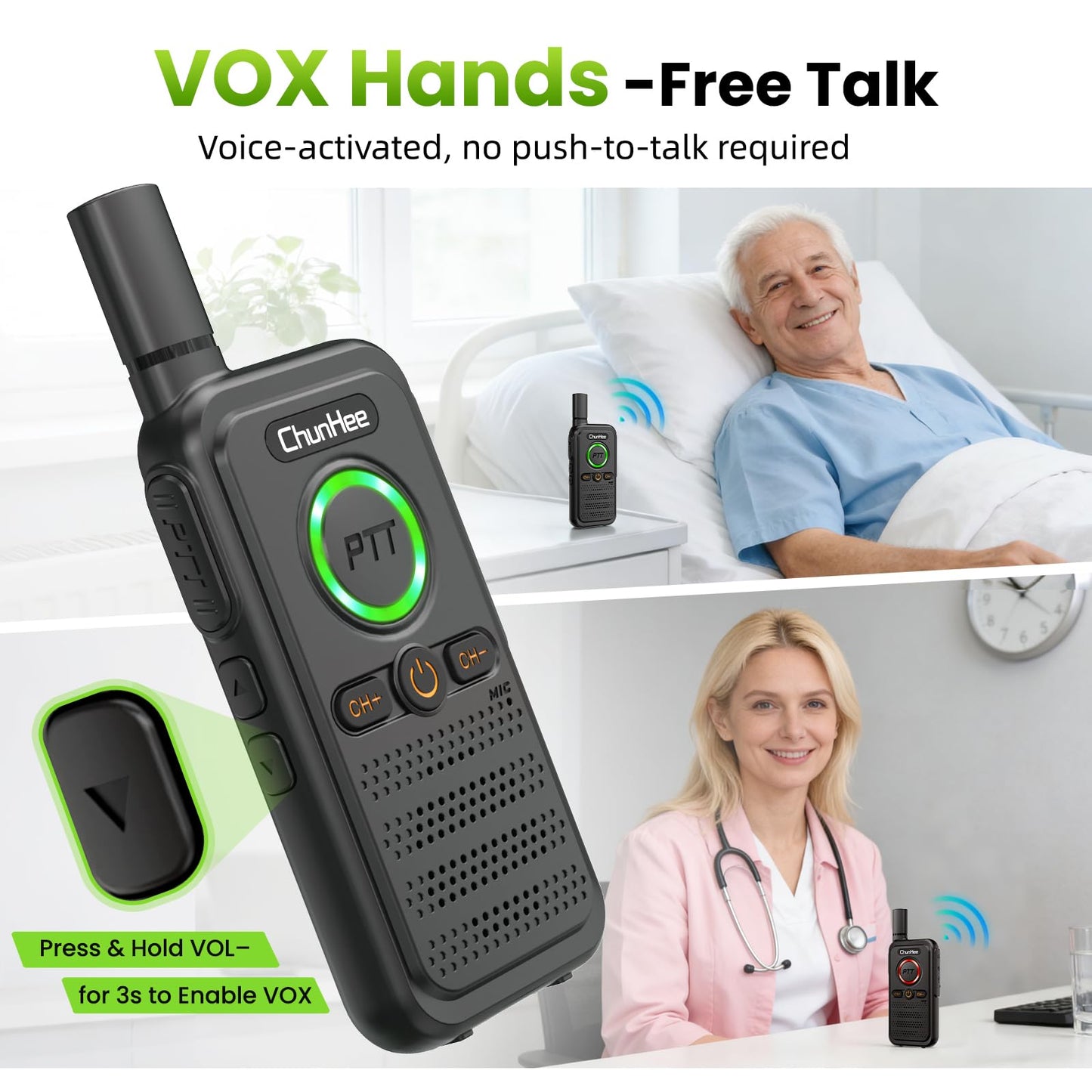 ChunHee Wireless Intercom System, 2 Way Voice Intercom for Home, 1.5-Mile Long Range, 16 Channels Portable Intercom with VOX & SOS Alarm, Easy Install