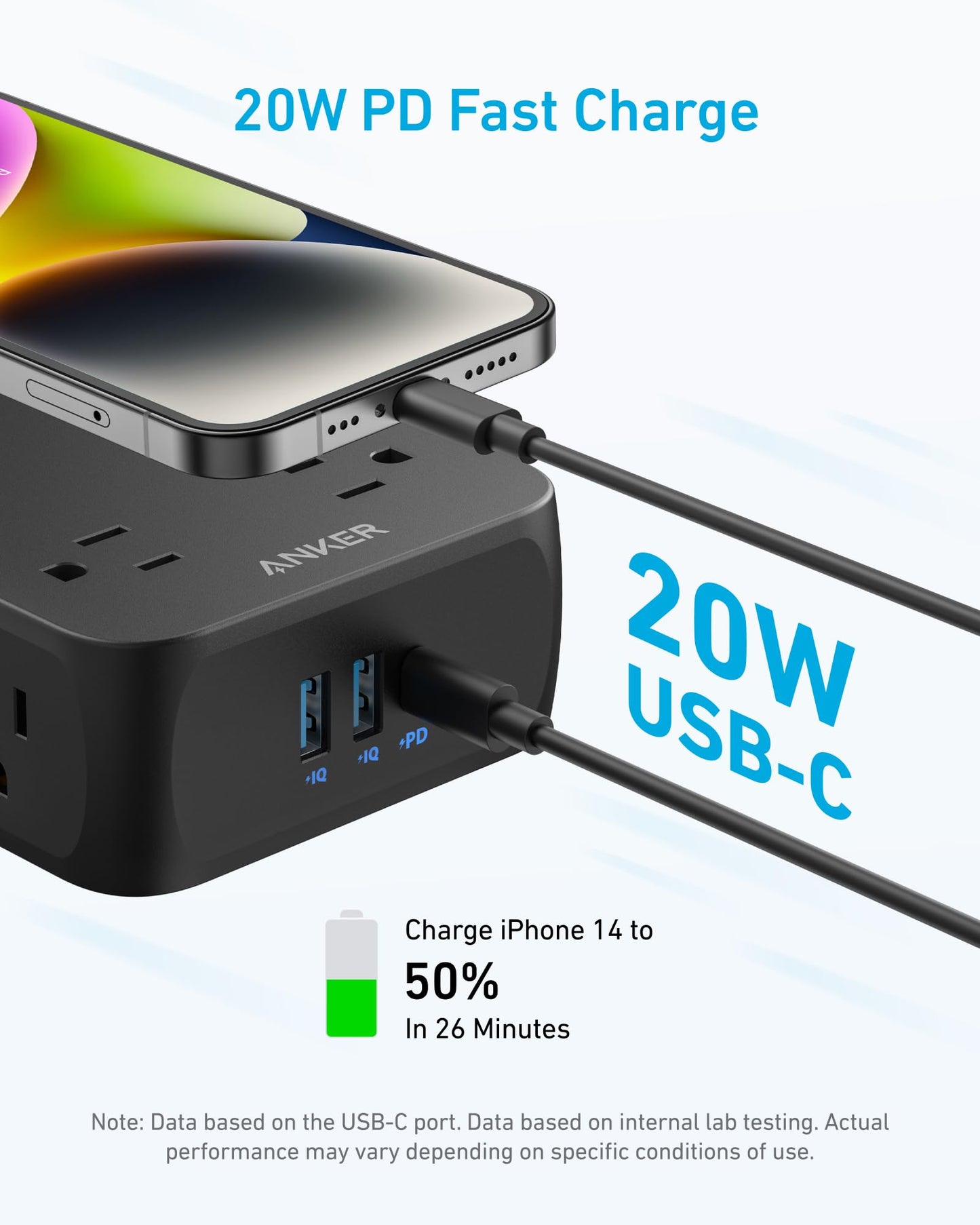 Anker Power Strip with 2000J Surge Protector, Flat Plug Extension Cord with Multiple Outlets, 8 AC, 2 USB A & 1 USB C Port for 20W, 5ft Outlet
