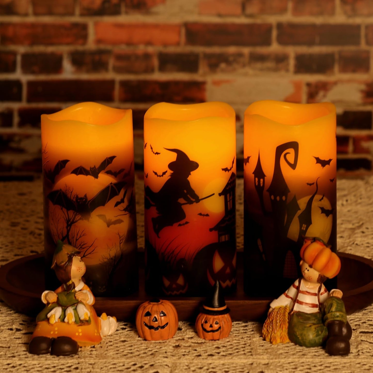 OWLZOO Set of 3 Halloween Flameless Pillar Candles, Battery Operated LED Candles with Timers & Remote, Orange Wax Warm Light Flickering Witch Bats