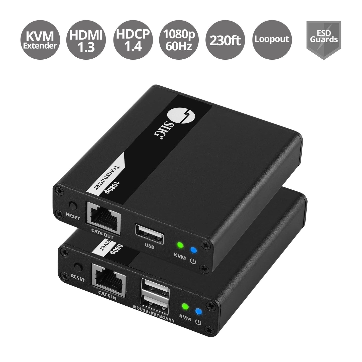 SIIG HDMI KVM Extender Over CAT6/ 6e/ 7 Cable up to 230ft, 1080p 60Hz HD with HDMI Loop Out, 2-Port USB for Keyboard/Mouse, Audio Extractor, Near Zero
