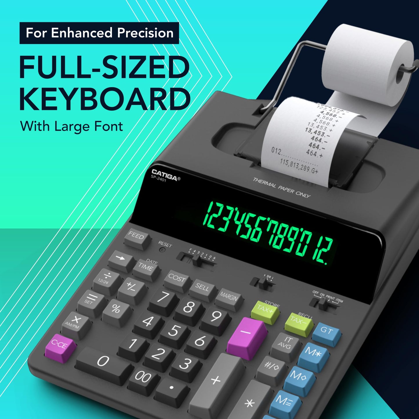 CATIGA 12 Digit Thermal Printing Calculator with Tape Print Out, Ink-Free Adding Machine, 5X Faster Quite at 8.0 LPS, Extra Large Fluorescent Display