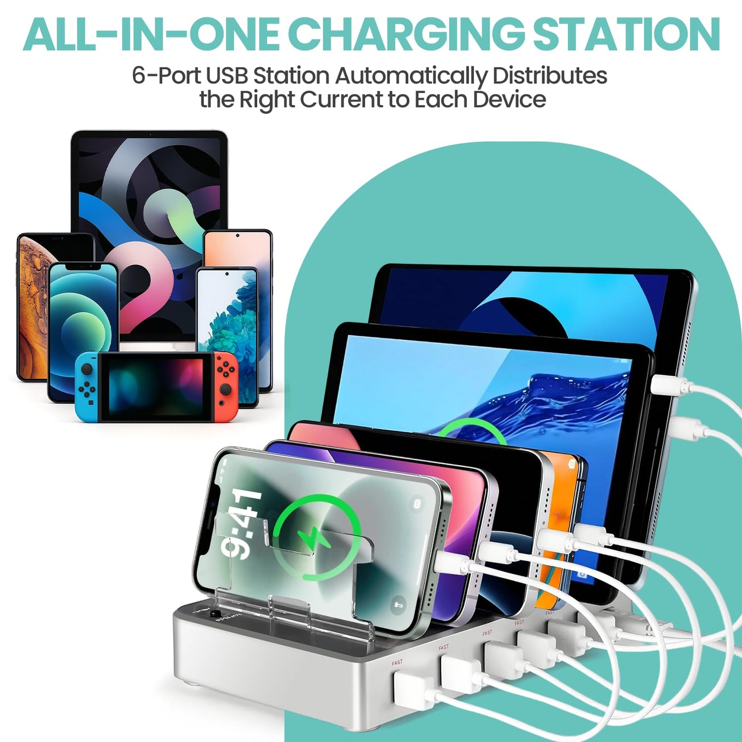 300W Fast Charging Station for Multiple Devices, 6 Port USB Charging Hub, Universal Desktop Charger Organizer Compatible with iPhone iPad Android