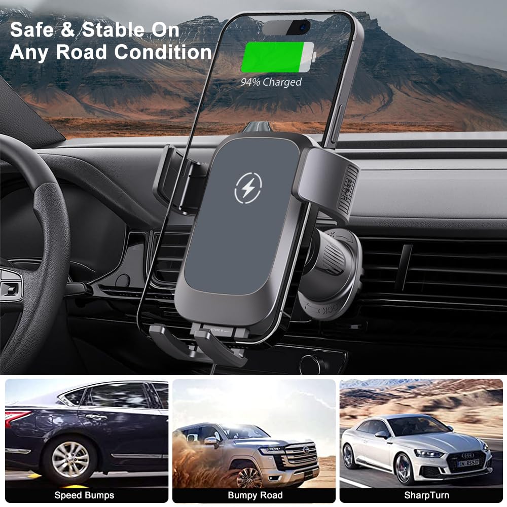 Wireless Car Charger, Auto-Clamping Air Vent Mount Car Phone Holder - 15W/10W/7.5W Fast Charging Compatible with iPhone 17/16/15/14/13/13 Pro/12 Pro