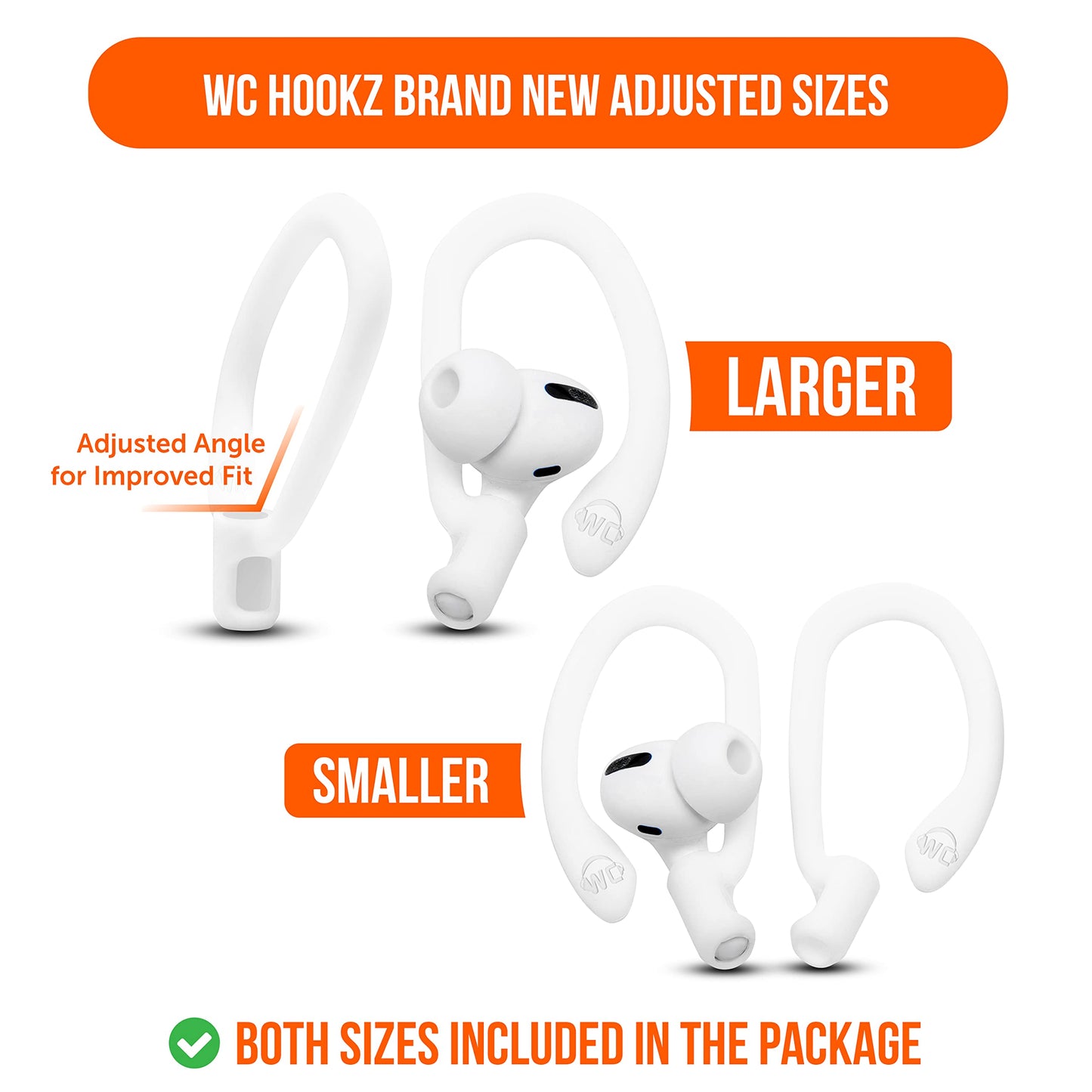 WC HookZ - Patented Upgraded Over Ear Hooks for AirPods Pro 1, 2 & AirPods 1, 2 & 3- Two Size Pairs Included in Package, Unique Left & Right Hook