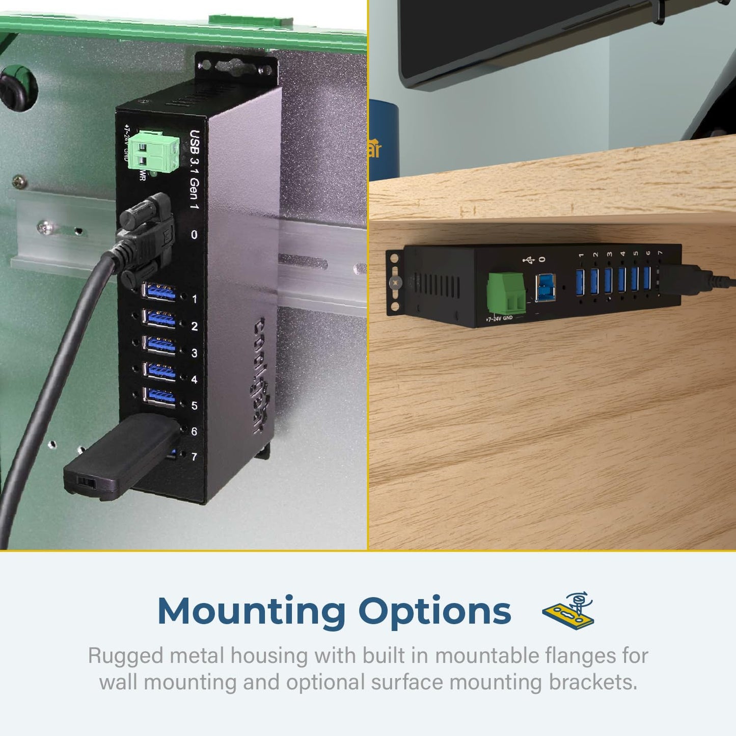 Industrial 7-Port USB 3.2 Hub with Screw-Locking Ports, 5Gbps Speeds, and Surge Protection