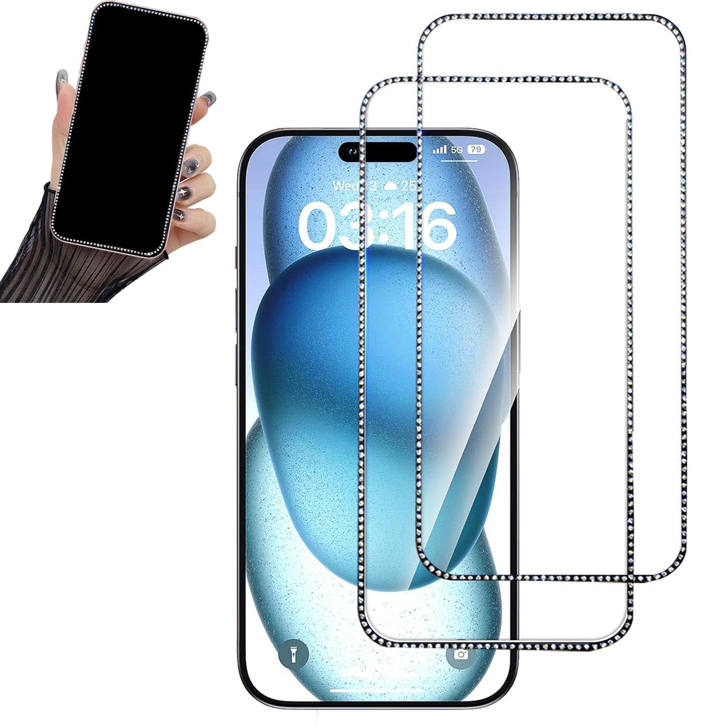 WIRIXSYD 2PCS Glitter Screen Protector Suit for iPhone 17/iPhone 17 Pro/iPhone 16 Pro,Diamond Bling Shiny Sparkling Tempered Glass Suit for iPhone