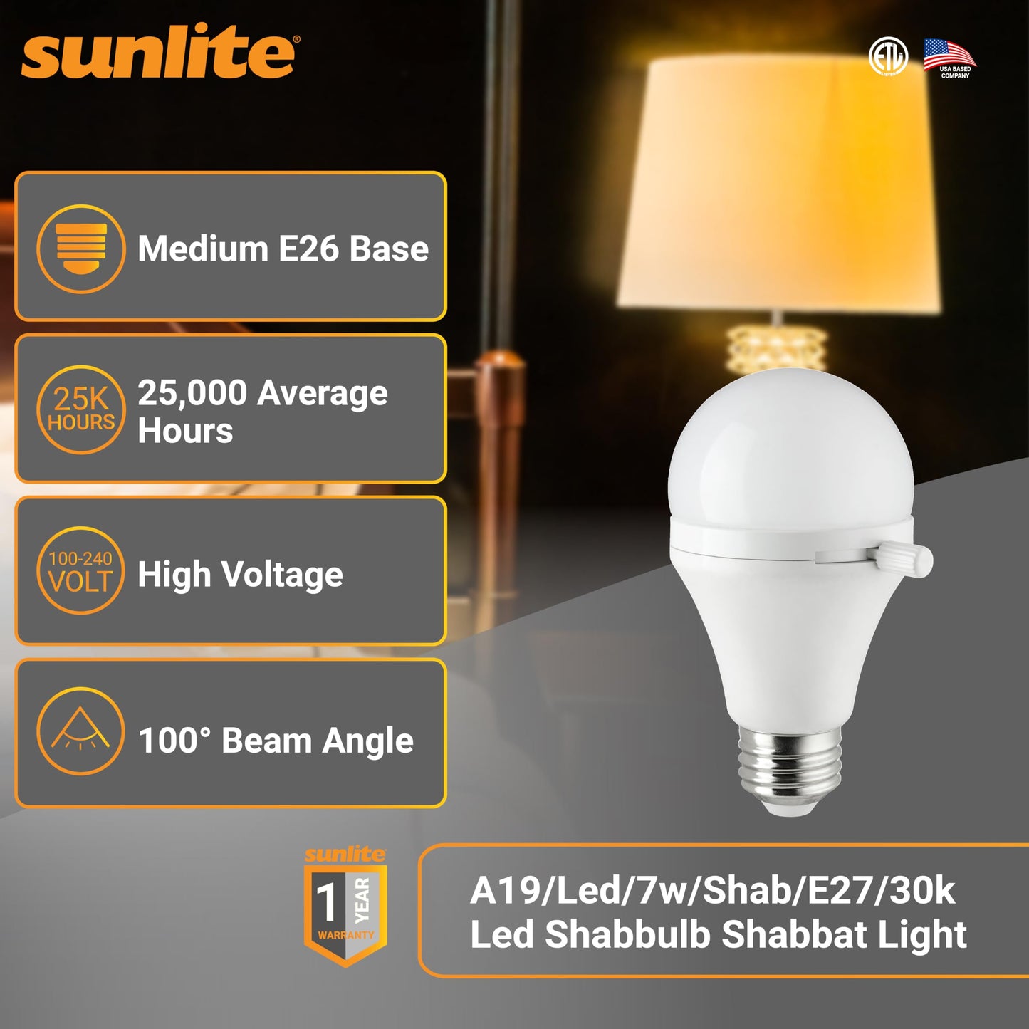 Sunlite ShabBulb, Shabbat Permissible LED Light Bulb, 7 Watt (40 Watt Equivalent) 3000K Warm White