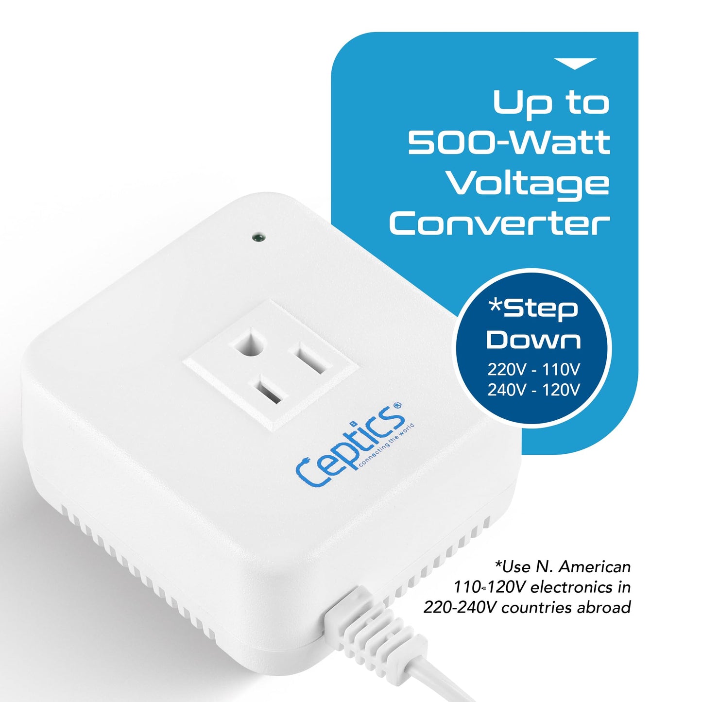 Ceptics 500-Watt Voltage Converter - Step Down - 220v to 110v / 240v to 120v Travel Power Converter - for Hair Straightener, Laptops and Chargers, CE…
