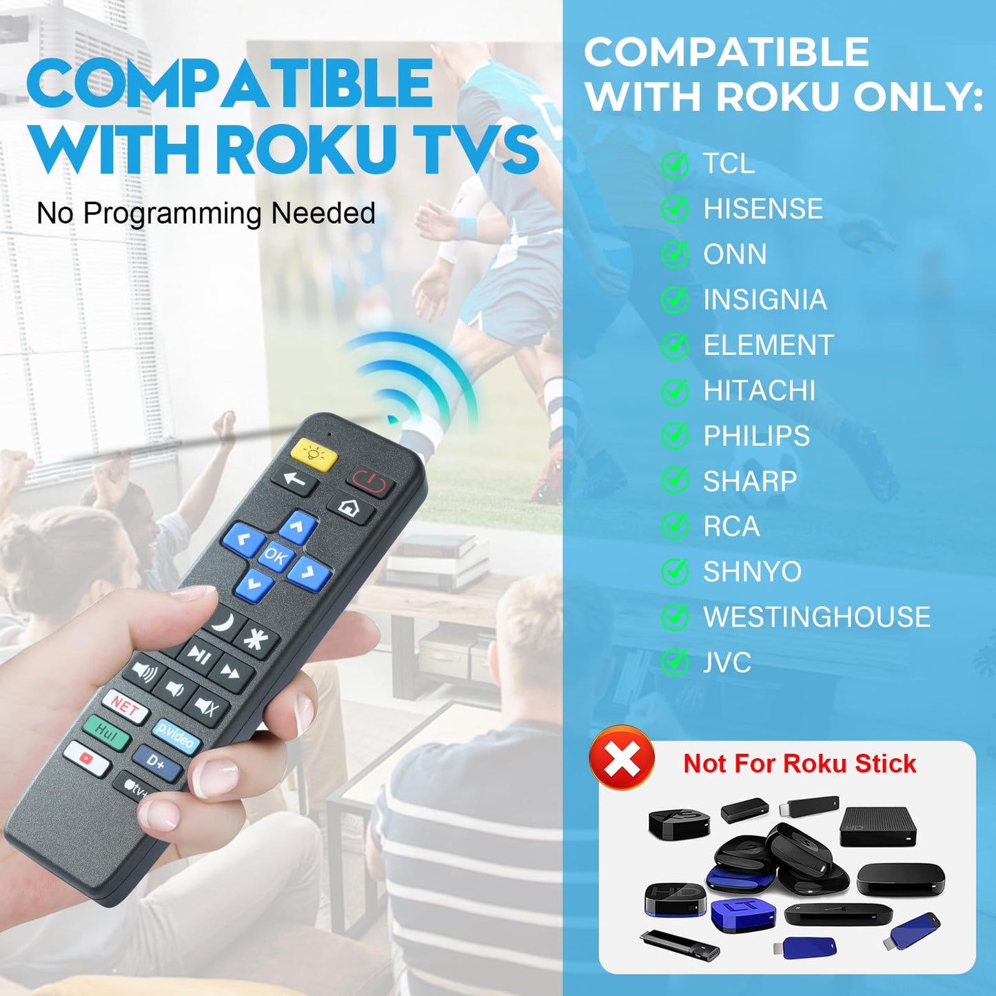 Replacement for Roku TV Remote for Seniors & Visually Impaired, Large Button Remote with Flashlight, Wider IR Angle, Compatible