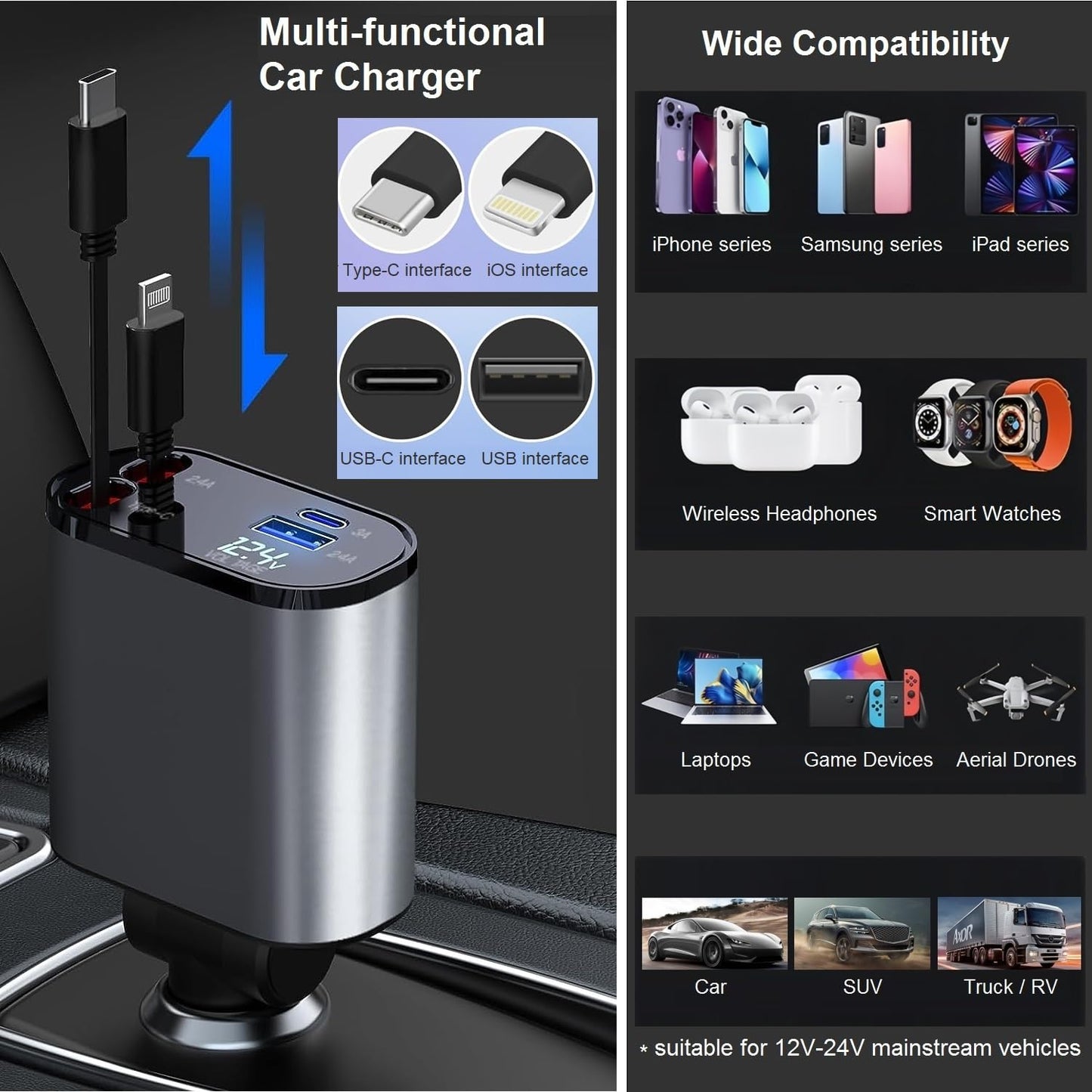 Retractable Car Charger Fast Charging - 66W 4-in-1 USB C Car Phone Charger Cigarette Lighter Adapter Car Charger Compatible with iPhone 15 14 13 12
