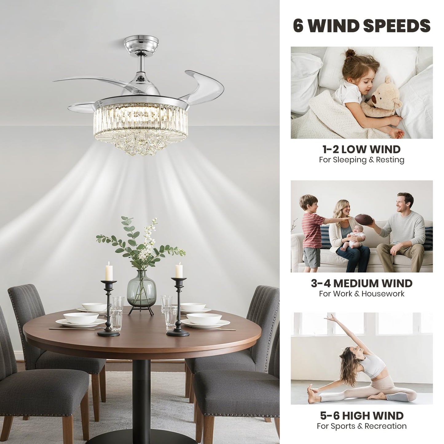 36" Fandelier, Crystal Ceiling Fan with Lights and Remote, Invisible Retractable Dimmable Chandelier Fan, 6-Speed Reversible Timer Ceiling Fan Light