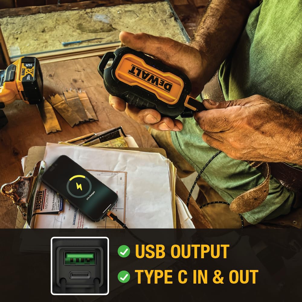 DEWALT Heavy Duty Portable Charger, Power Bank, Travel Worksite 10,000 mAh Battery Pack with USB-C Port for iPhone 17/16 Plus Pro Max, iPhone