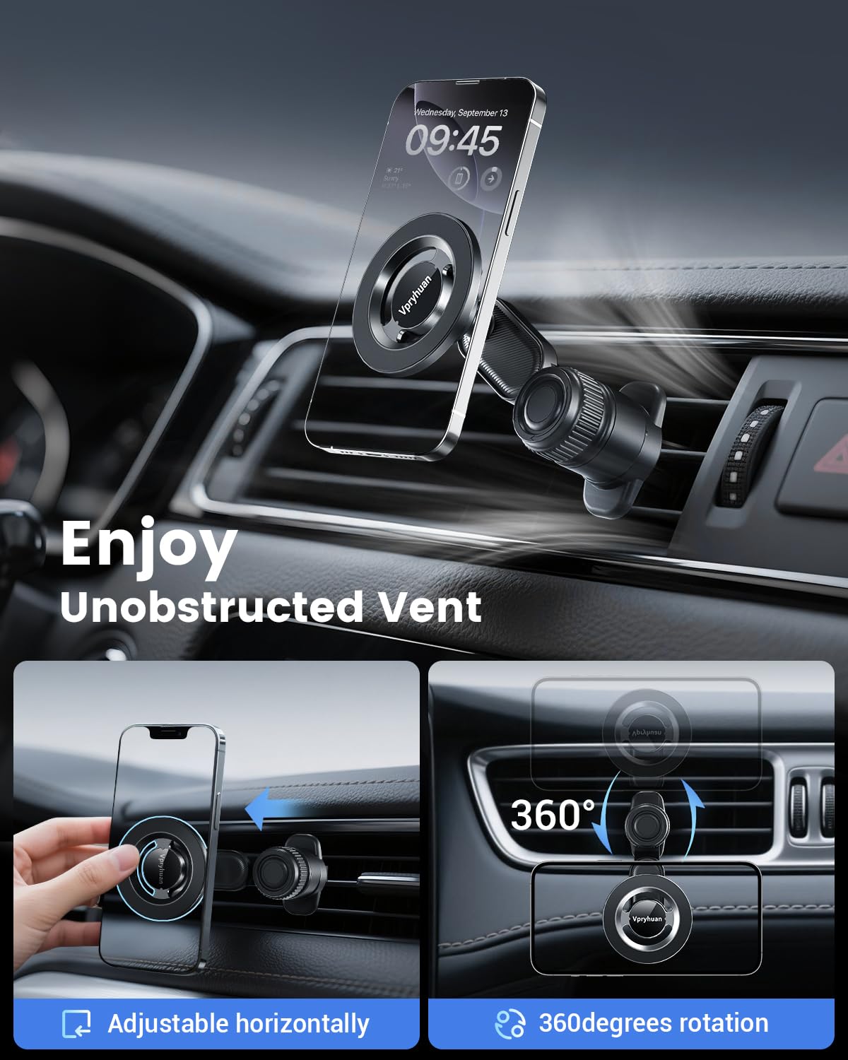 Vpryhuan Vent Phone Holder for Your Car, Magnetic Air Vent Mount 360° Rotatable with Metal Ring, One-Hand Use for iPhone 16/15/14/13/12 (4.3-7.6")