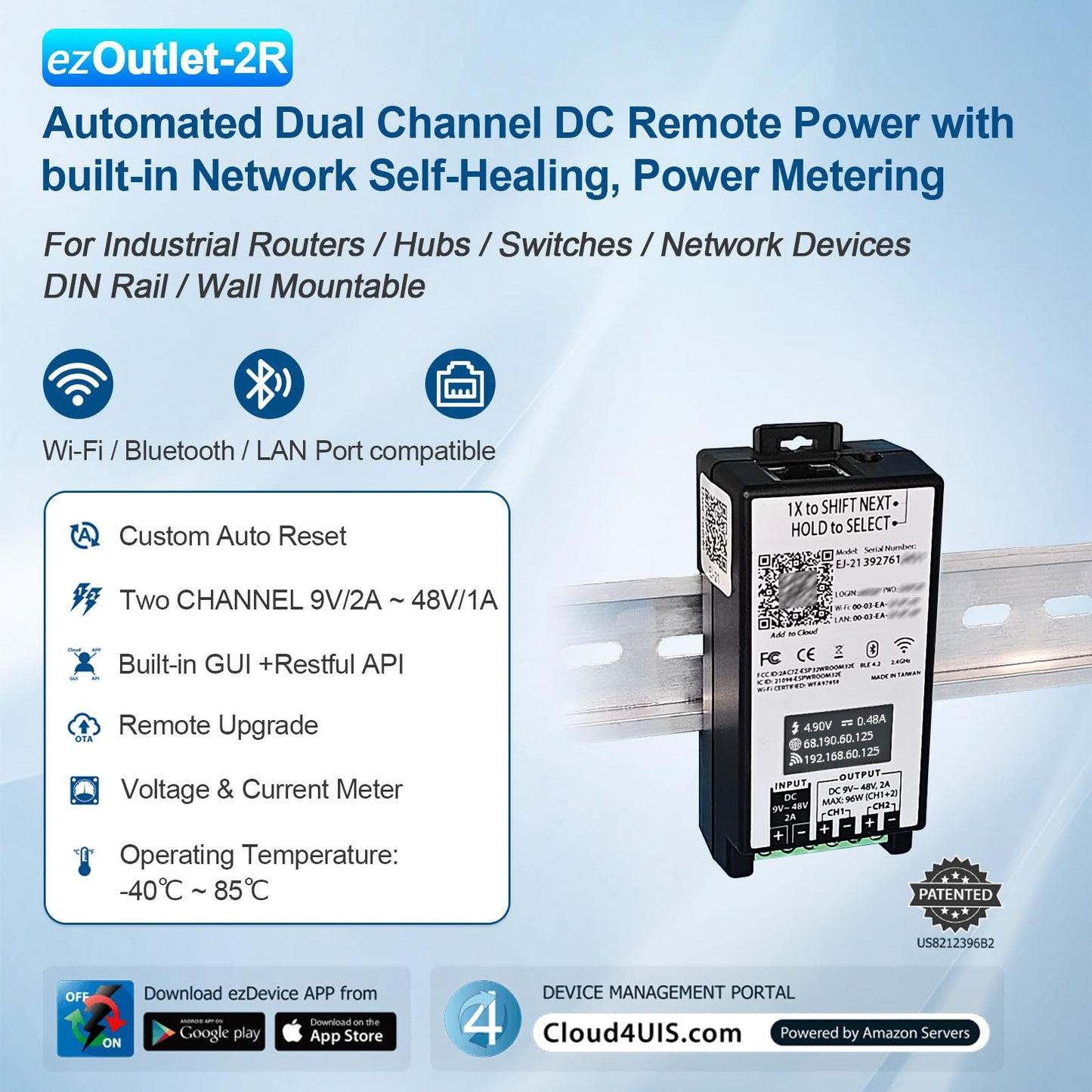 ezOutlet Industrial DIN Rail Mount Power Auto Reboot, Metering, Automatically Restarts Router When Connection Fails. 2-Channel, 9-48V, App