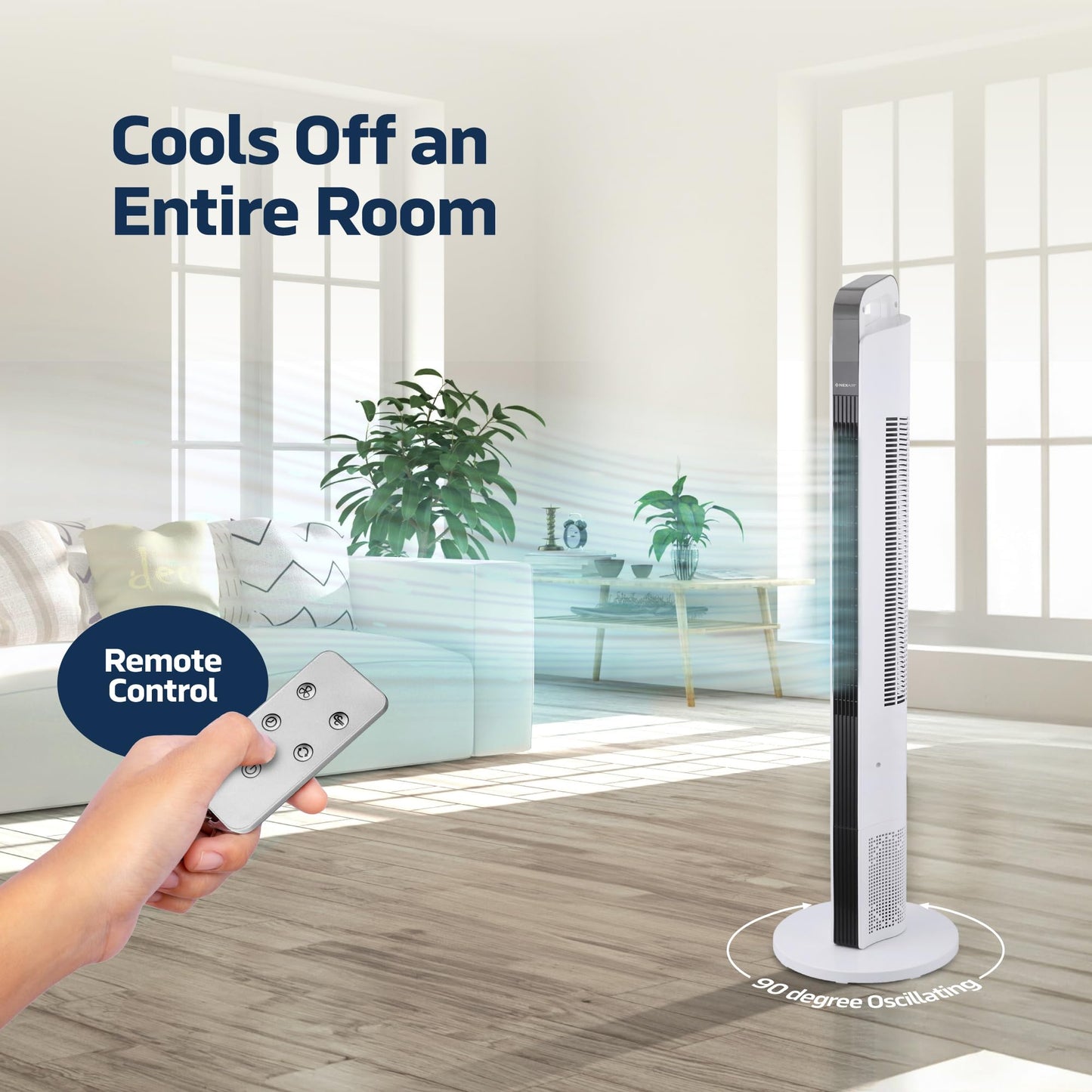 NEXAIR 42” Oscillating Tower Fan, 3 Speed Portable Fan Tower With Remote Control, Quiet Operating Floor Fan for Bedroom with 7.5 Hr Auto Off Timer