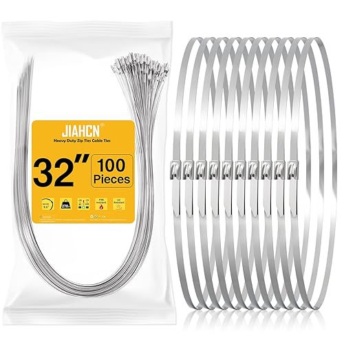 JIAHCN 100PCS Metal Cable Zip Ties Heavy Duty 32 Inch Extra Long Stainless Steel ZipTies 270LBS Tensile Strength Steel Wire Ties Multi-Purpose