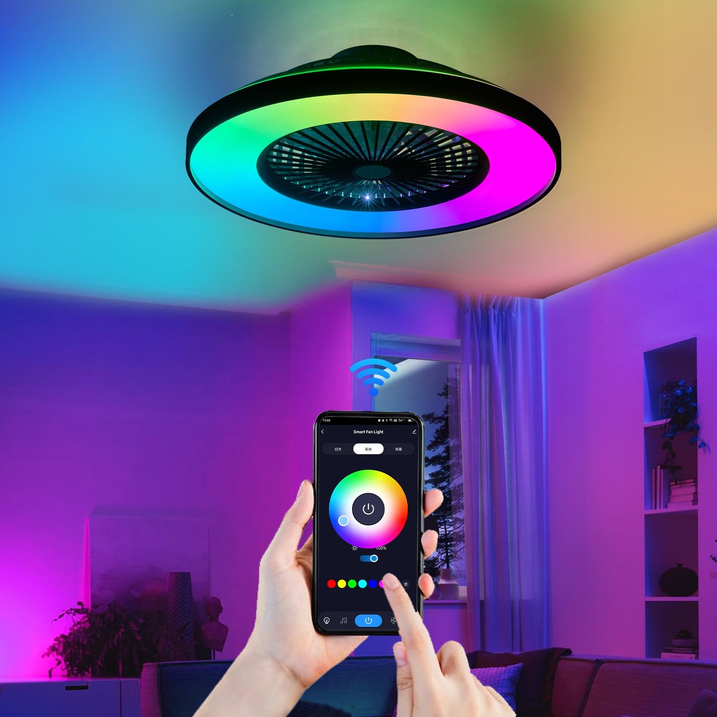 Ouimico 24" Bladeless Ceiling Fan with RGB Light, 8 Blades Modern Low Profile Ceiling Fan with Remote/APP, 6 Speed Dimmable LED-RGB Lights for Bedroom