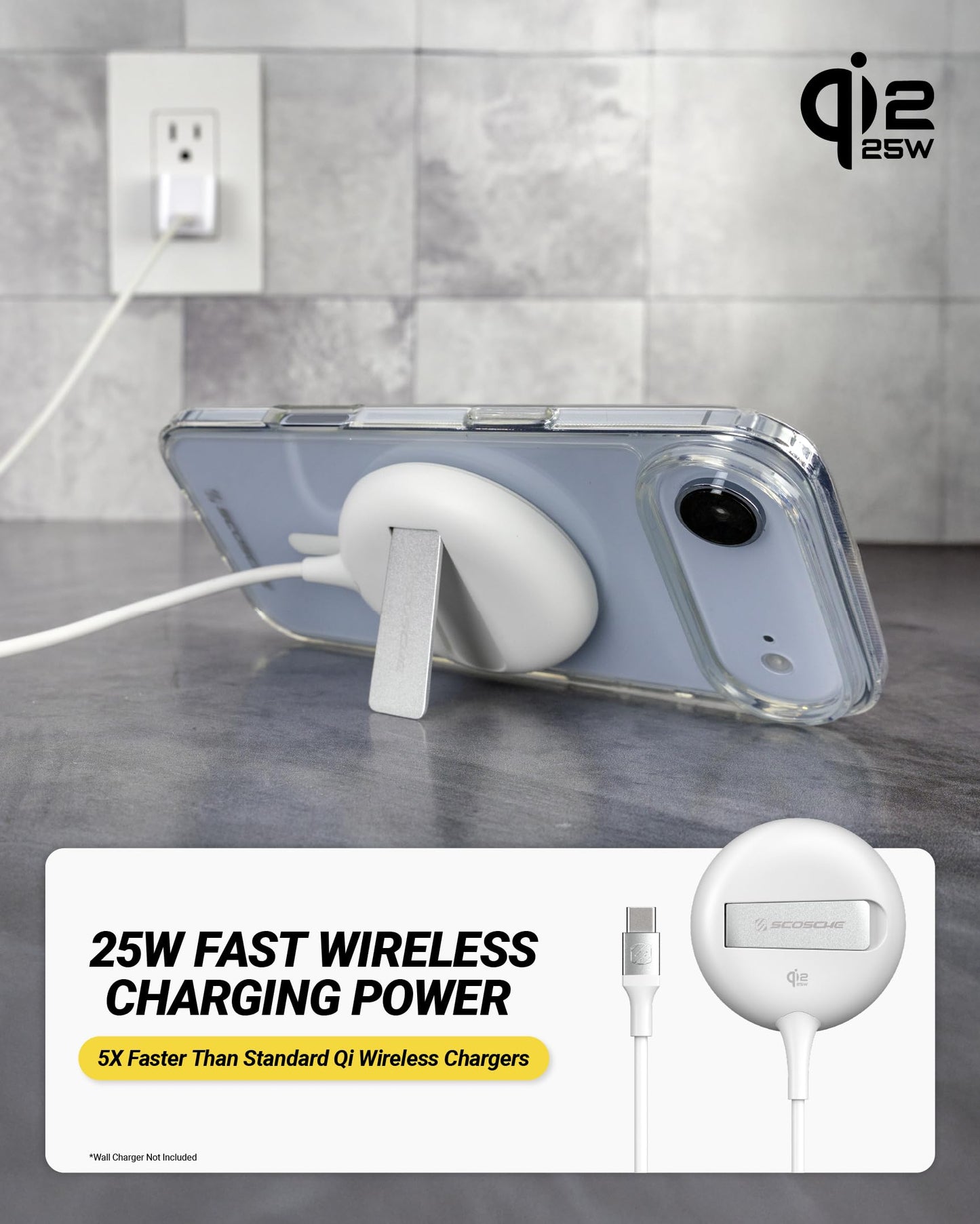 Scosche 25W Qi2 MagSafe Wireless Charger with Kickstand, Magnetic Fast Wireless Charging Pad with 6ft USB-C Cable for Hands-Free Viewing, Compatible