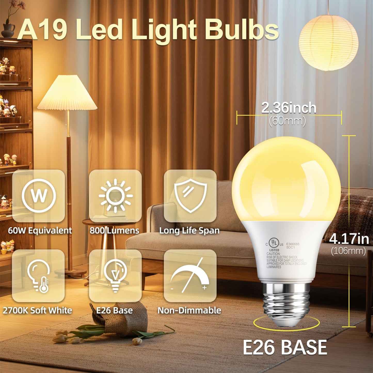 TJOY 6 Pack A19 LED Light Bulbs, Soft Warm White 2700K, 60 Watt Eq,E26 Base