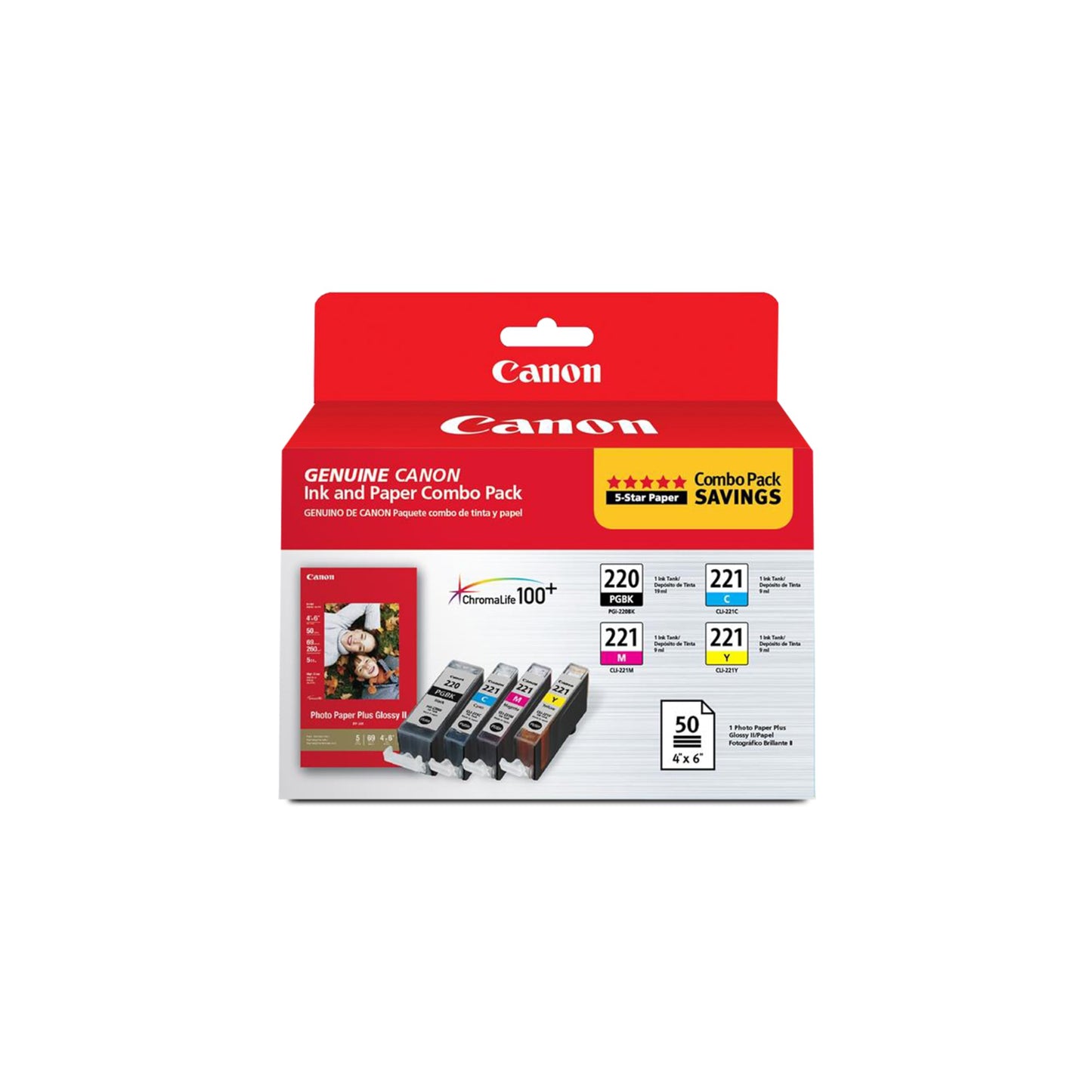 Canon PG-220/CL-221 Genuine Combo Pack with 50 Photo Paper Sheets, Compatible with MP980, MP560, MP620, MP640, MP990, MX860, MX870, iP4600, iP3600