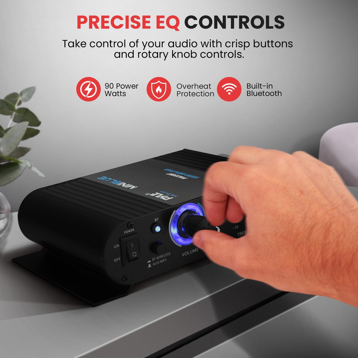 Pyle Wireless Bluetooth Home Audio Amplifier - 90W Dual Channel Mini Portable Power Stereo Sound Receiver w/ Speaker Selector, RCA, AUX, LED, 12V