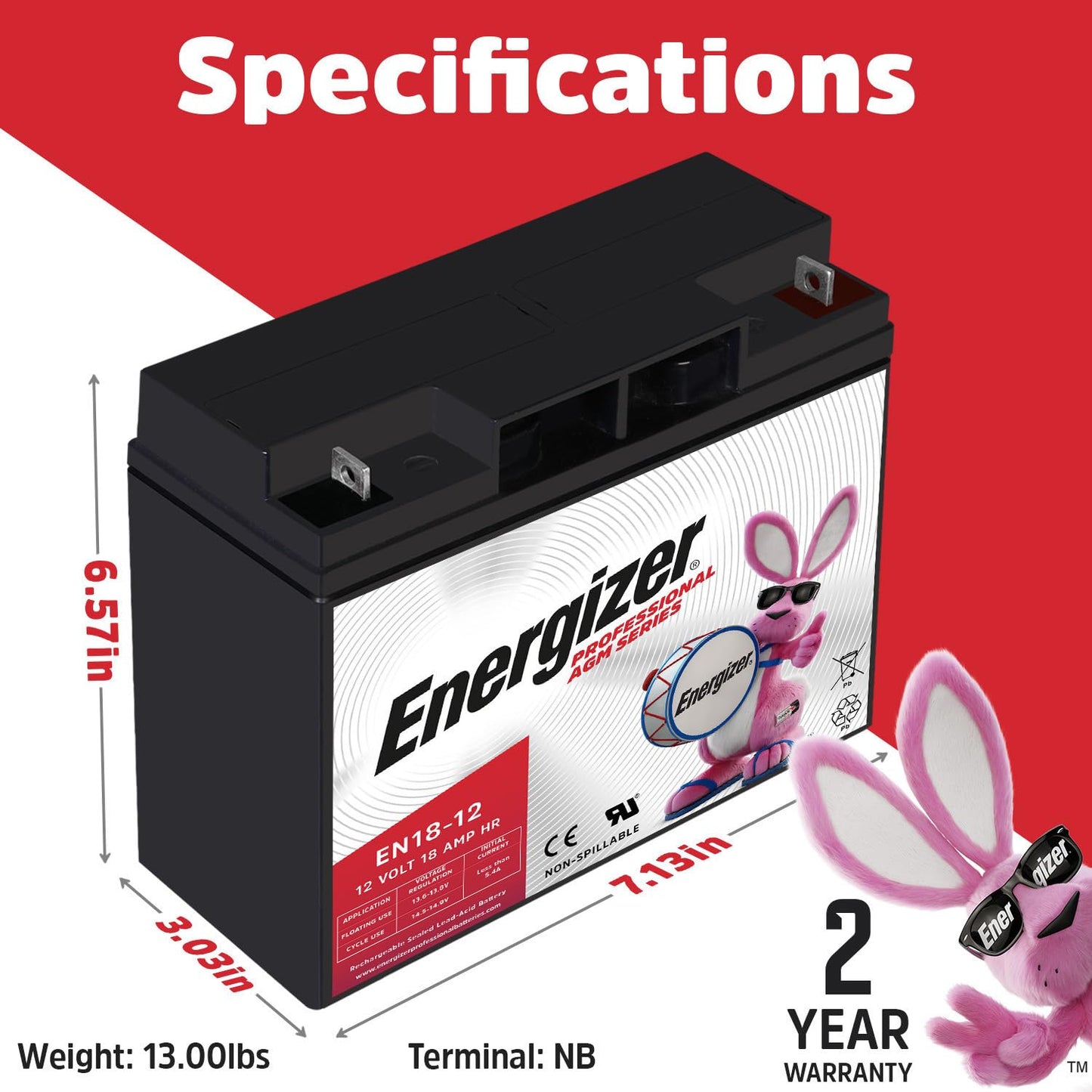 Energizer EN18-12, 12 Volt 18 Amp Hr, Long Lasting Sealed Lead Acid AGM Rechargeable Battery Ideal for Use in Wheelchairs, Electric Scooters…