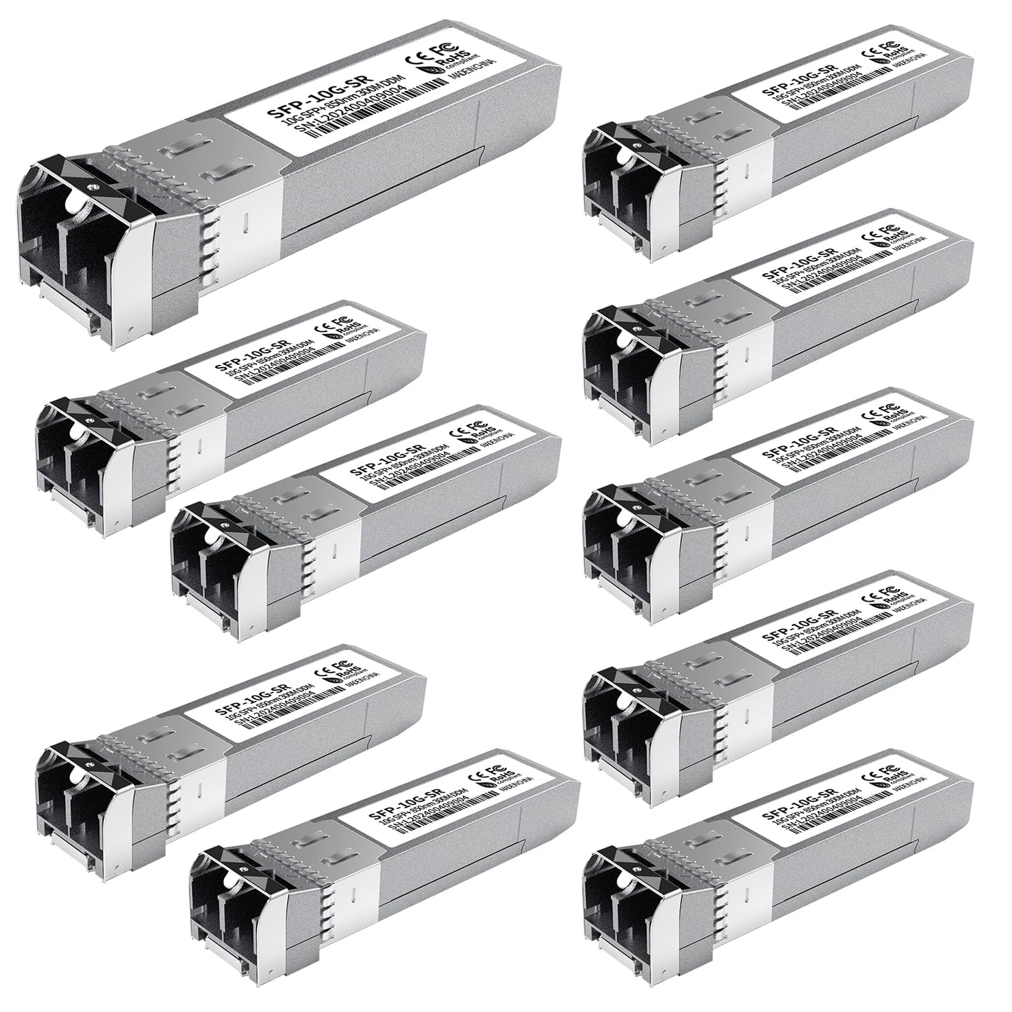 10Pack 10GBase-SR SFP+ Module, Multi-Mode LC Ethernet Transceiver, 10G 850nm MMF up to 400m, Compatible with Cisco SFP-10G-SR, Meraki, Ubiquiti