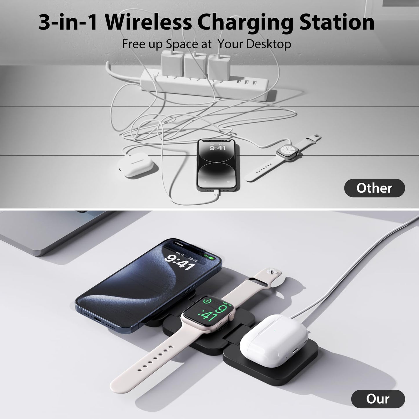 KU XIU Fast Wireless Charger, Magnetic Foldable 3 in 1 Charging Station for iPhone 17/16/15/14/13/12/Pro/Plus/Pro Max, 5W Portable Charger for Apple