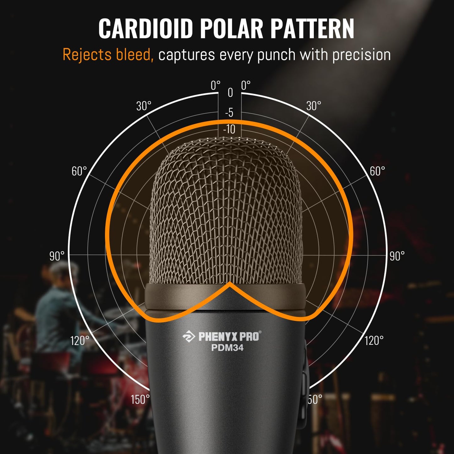 Phenyx Pro PDM34 Snare Drum Mic, Cardioid Dynamic Microphone with Clip-on Microphone Clamp, Integral Stand Mount, and Long-Lasting Metal Housing