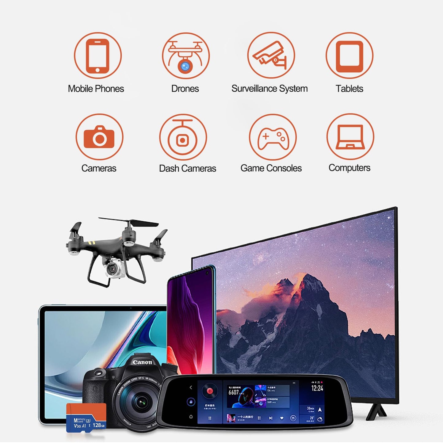128GB Micro SD Card with Adapter, Class 10 U3 V30 A1 - High-Speed 4K Video Memory Card for Cameras, Phones, Tablets, Drones, Dash Cams & Game Consoles