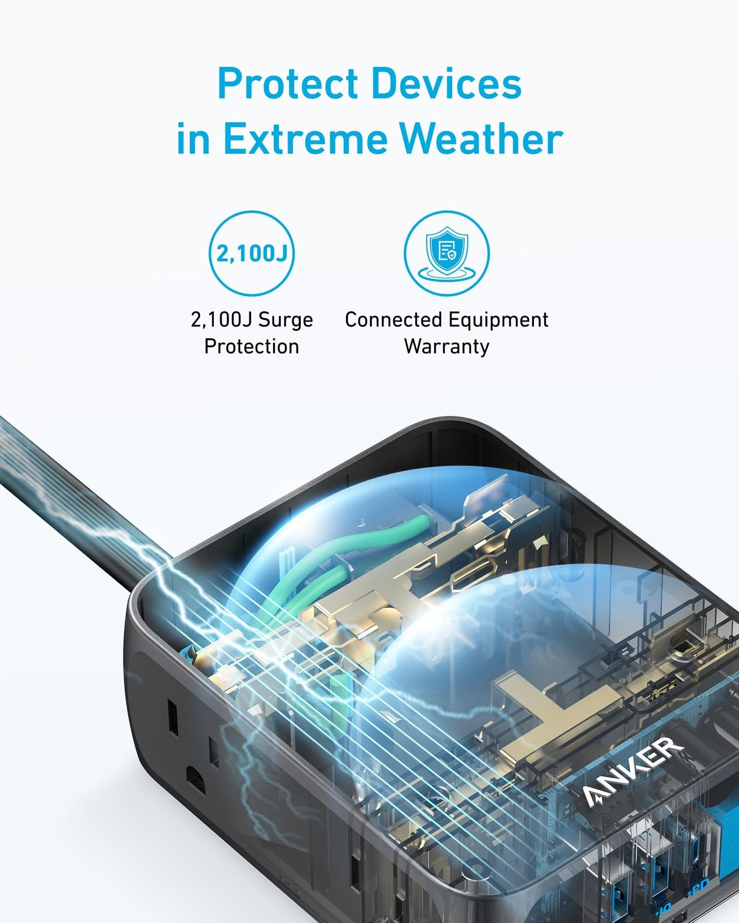 Anker Power Strip with 2000J Surge Protector, Flat Plug Extension Cord with Multiple Outlets, 8 AC, 2 USB A & 1 USB C Port for 20W, 5ft Outlet