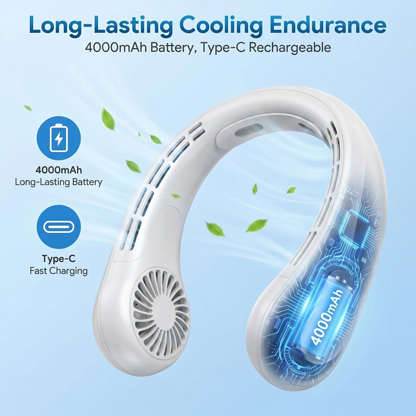 TREDY Neck Fan Portable Rechargeable, 4000mAh Battery Operated Wearable Personal Fan, 5 Speeds Bladeless Cooling Fan, Quiet Hands-Free Fan for Travel