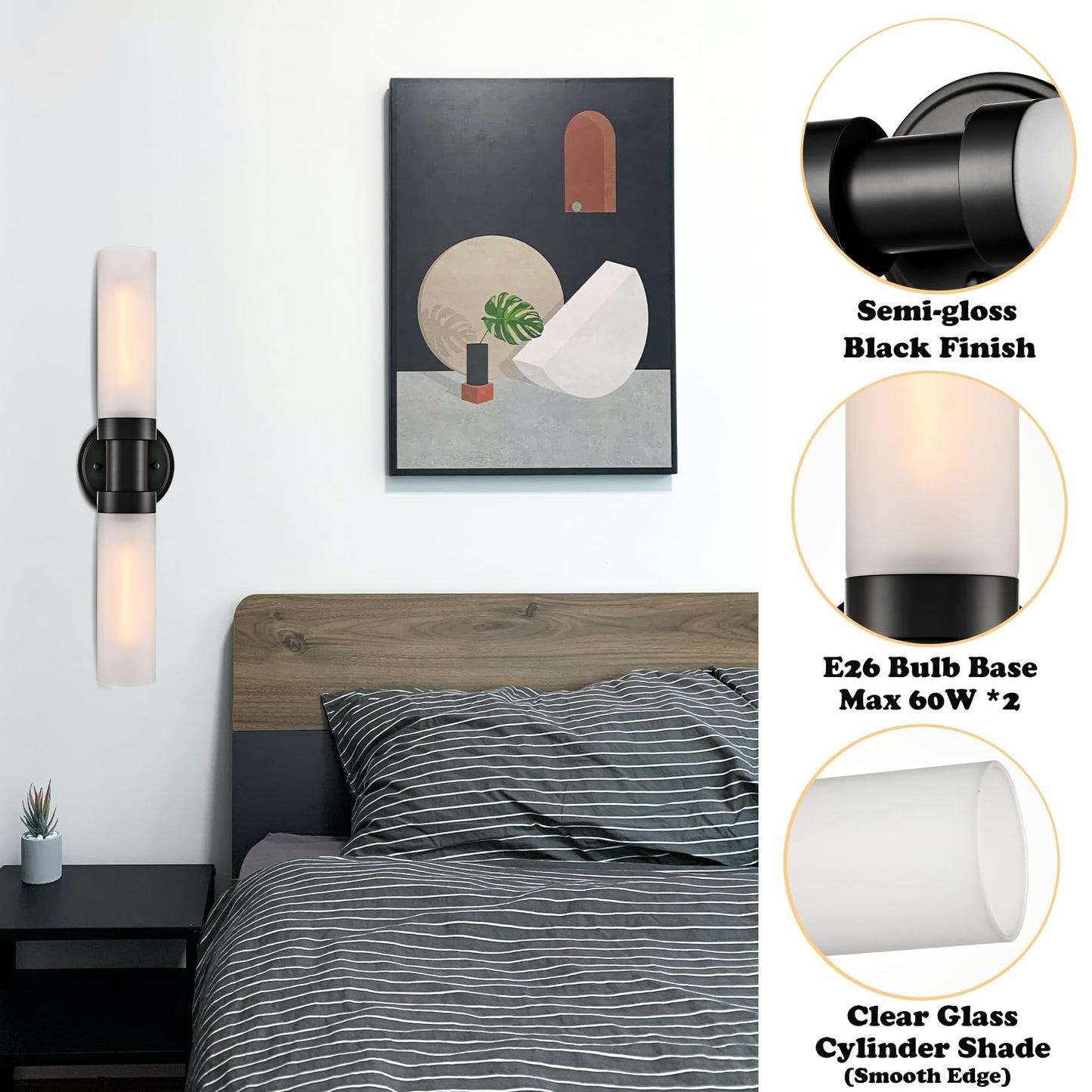 TEENYO Modern 2-Light Black Wall Sconce, Cylinder Frosted Glass Bathroom Wall Light Fixtures 20-Inch Black Glass Sconces Wall Lighting for Bedroom