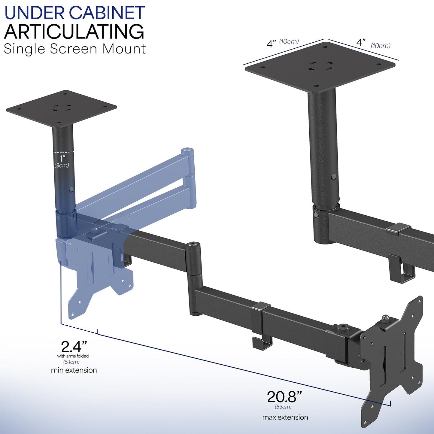 VIVO Under Cabinet Articulating 13 to 27 inch Single Monitor and Small TV Mount, Height Adjustable Long Extension Arm, Max VESA 100x100, Black