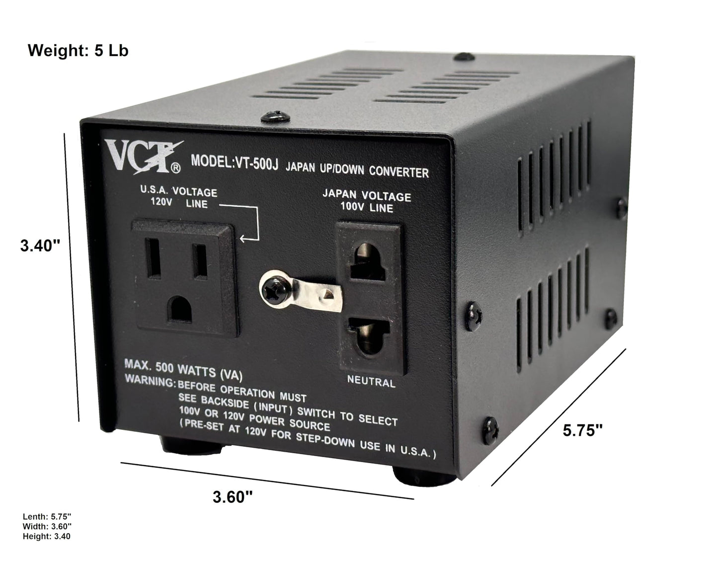 VCT VT-500J - Japanese Step Up/Down Voltage Transformer Converts Japan 100 Volts To 110V OR Vice Versa - 500 Watt