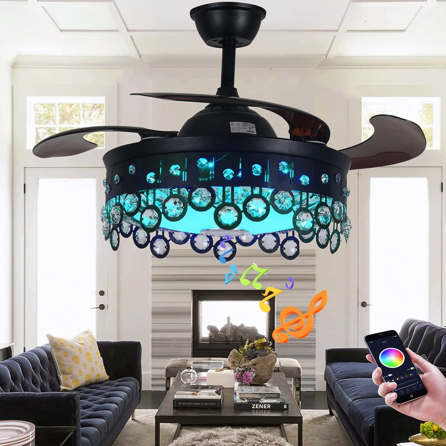FANEPRO 42" Retractable Ceiling Fan with Lights Remote Control, Black Crystal Fandelier Smart 7 Color Dimmable LED Chandelier with Bluetooth Speaker