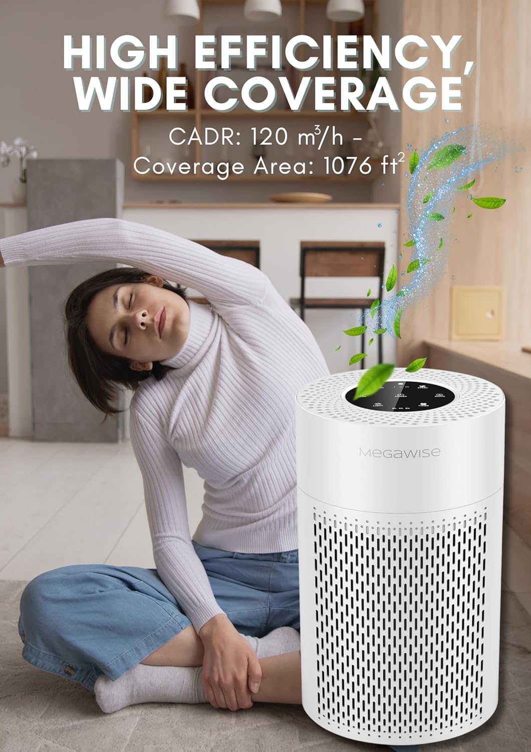 MEGAWISE Air Purifier for Wildfire Smoke, H13 HEPA for Home Bedroom, White