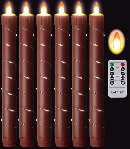 Danip Christmas red flameless Candle with String Light Window Candles with Remote Timer Battery Operated Taper Candle LED Pillar Candles Set of 6