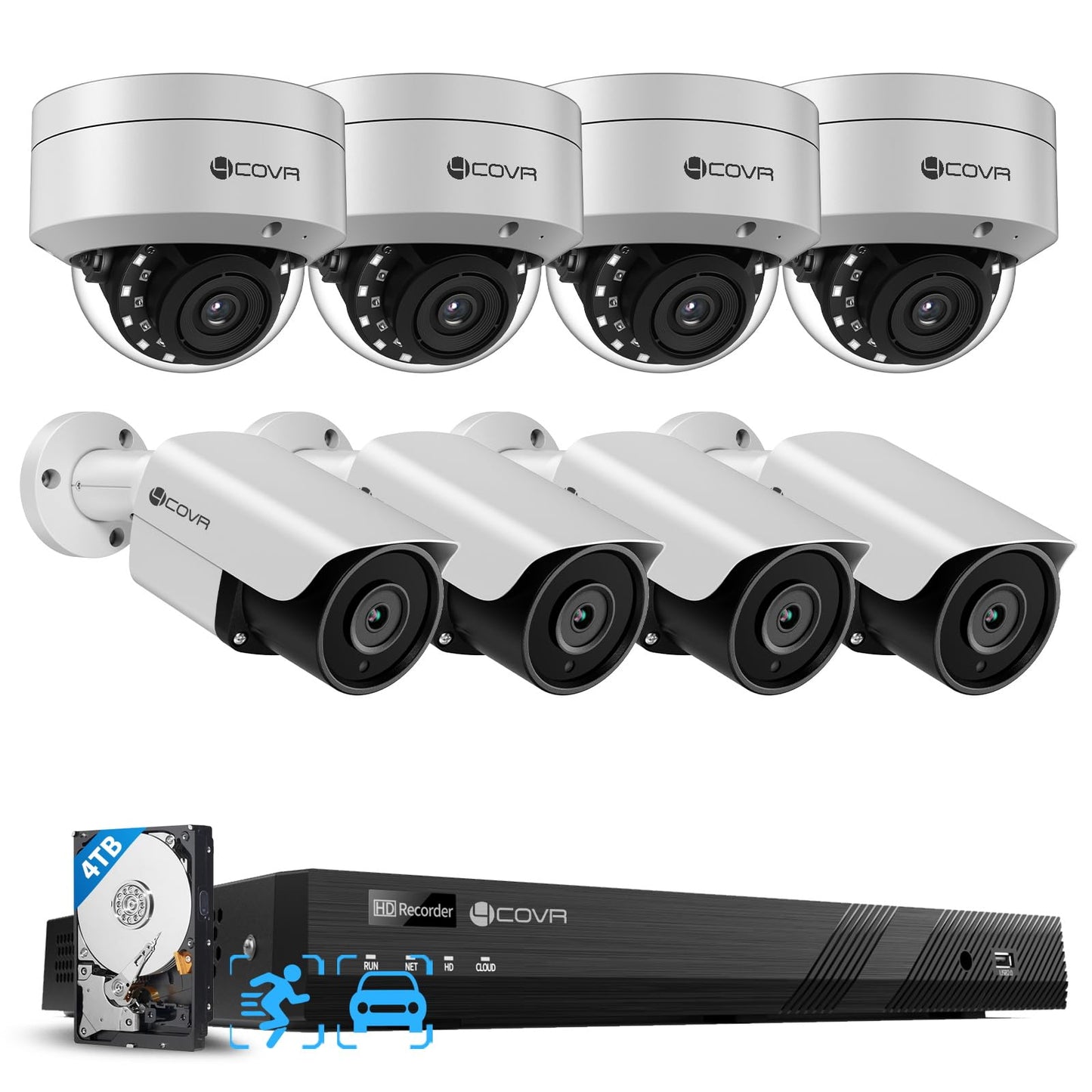 4COVR 16 Channel PoE Security Camera System for Business, Human Vehicle Detection, 4K NVR with 4TB HDD, 4 Dome IK10 Vandal-Proof 4 Bullet 5MP Wired IP