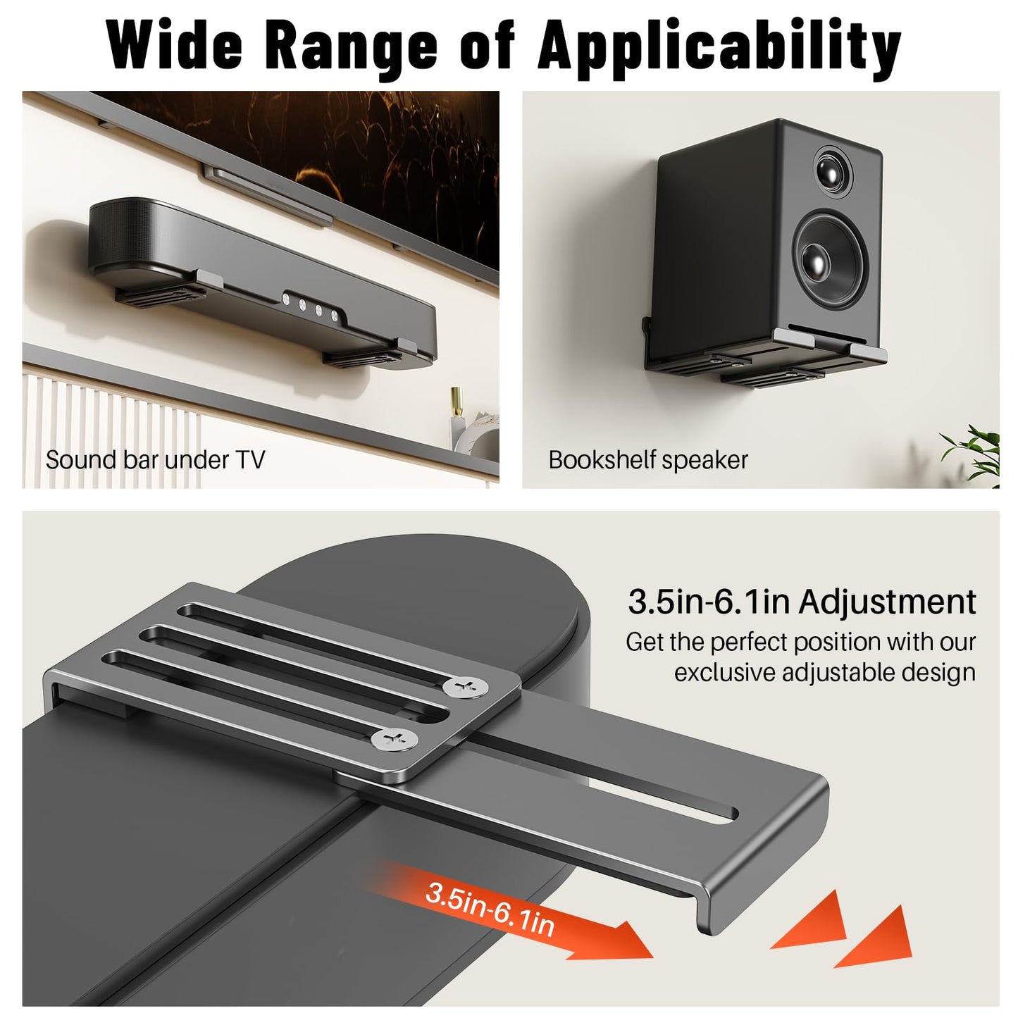 BYMECOST Universal Soundbar Wall Mount Bracket, Metal Soundbar Shelf Compatible with Depth from 3.3"-6.1", Soundbar Mount Under TV or Above TV, Holds