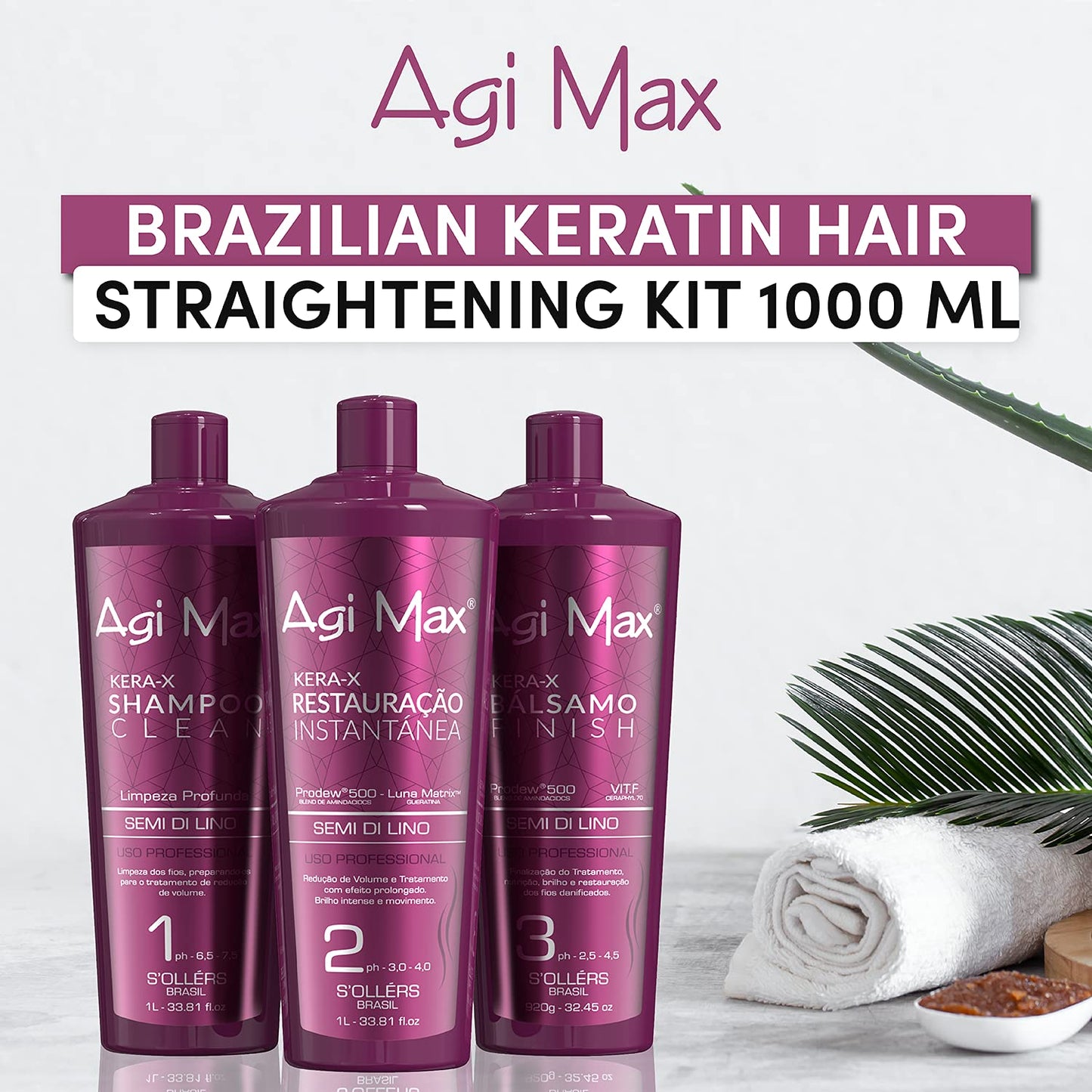 Agi Max Brazilian Keratin Hair Treatment Kit 1000ml - 3 Steps - The Best Straightening!